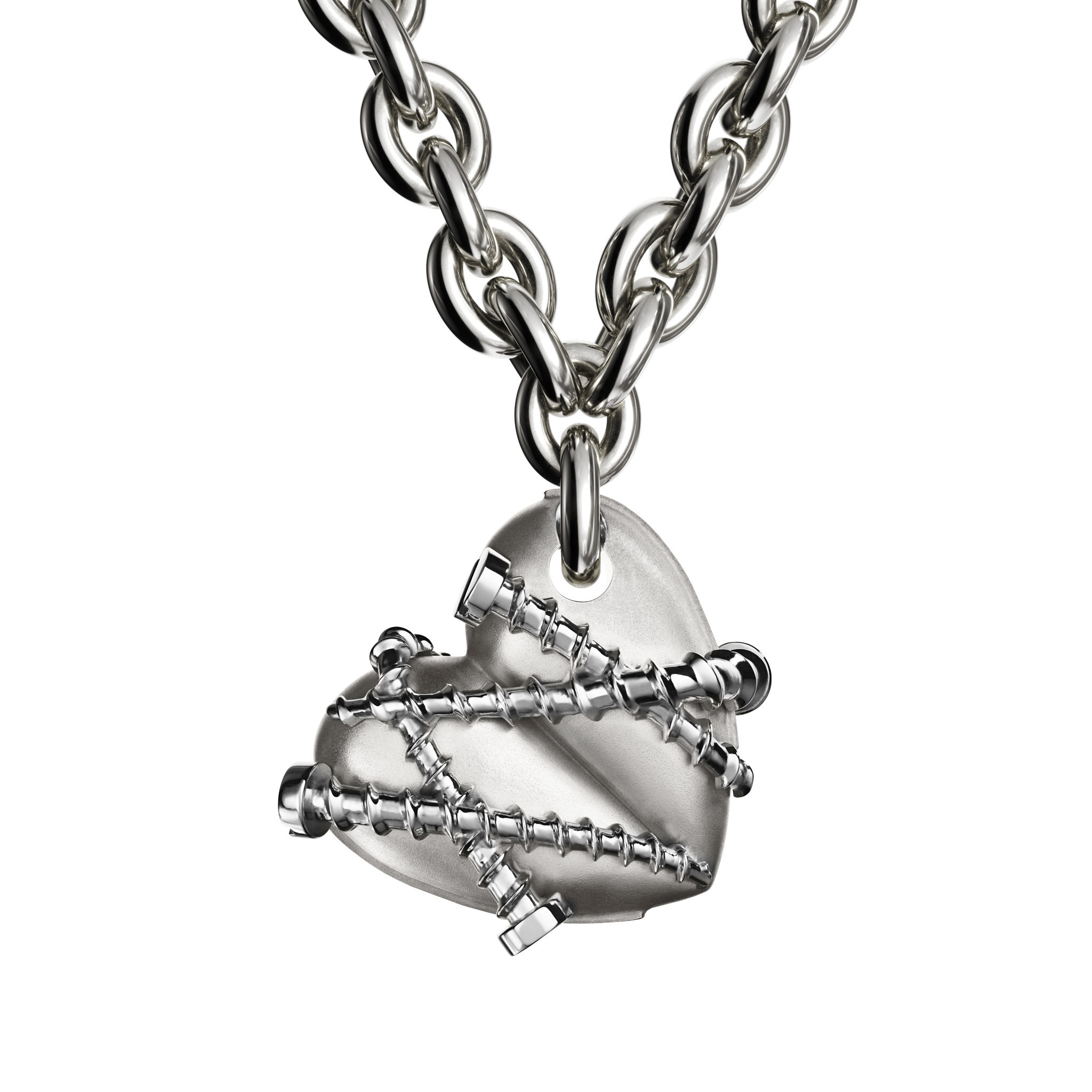 A detail of Bullet Hole Heart Pendant with Screws M with Chain in Silver